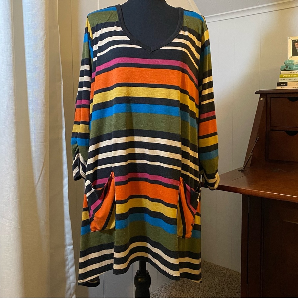 JOHNPAULRICHARD Woman Multicolor Stripe Ruched 3/4 Sleeve V-Neck Tunic